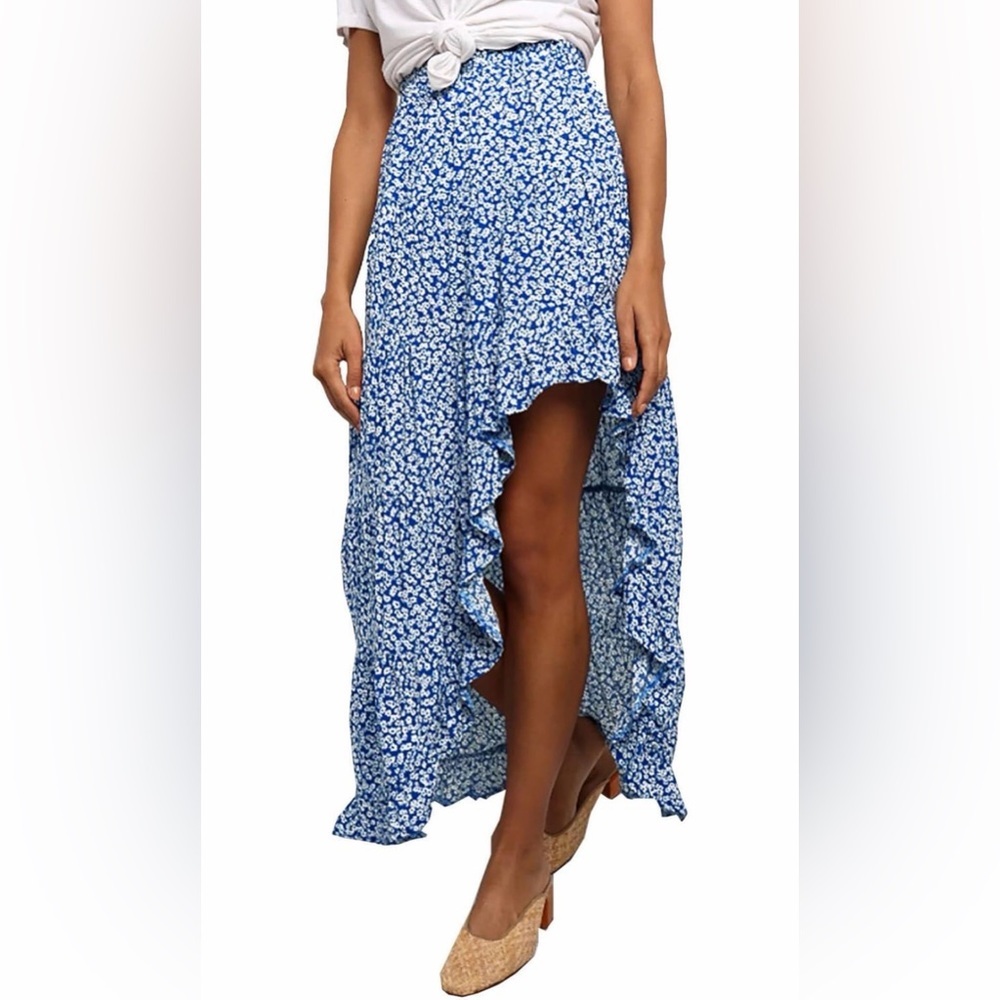 🆕Boho Floral Elastic Waist Split Ruffle High Low Beach Maxi Skirt